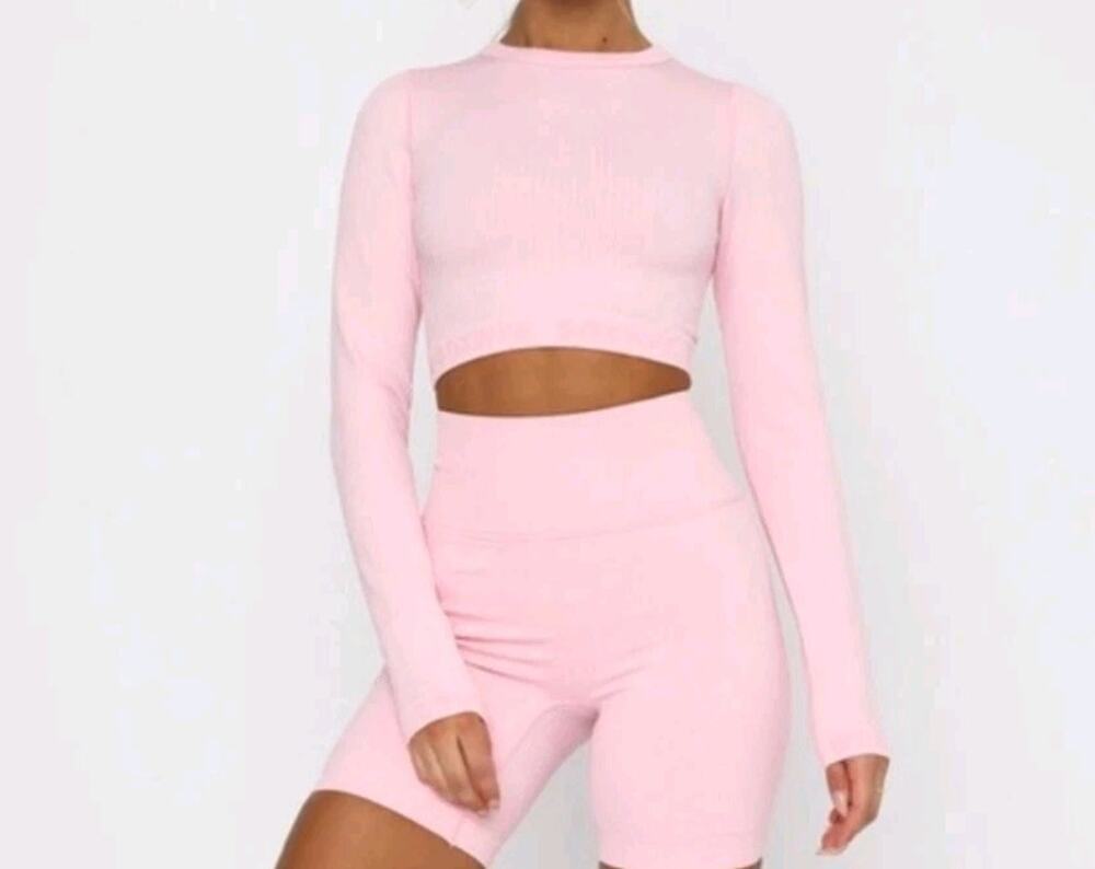 SDxWFA Sarah's Day X White Fox Active Pink Ribbed Seamless LS Crop Top Small U